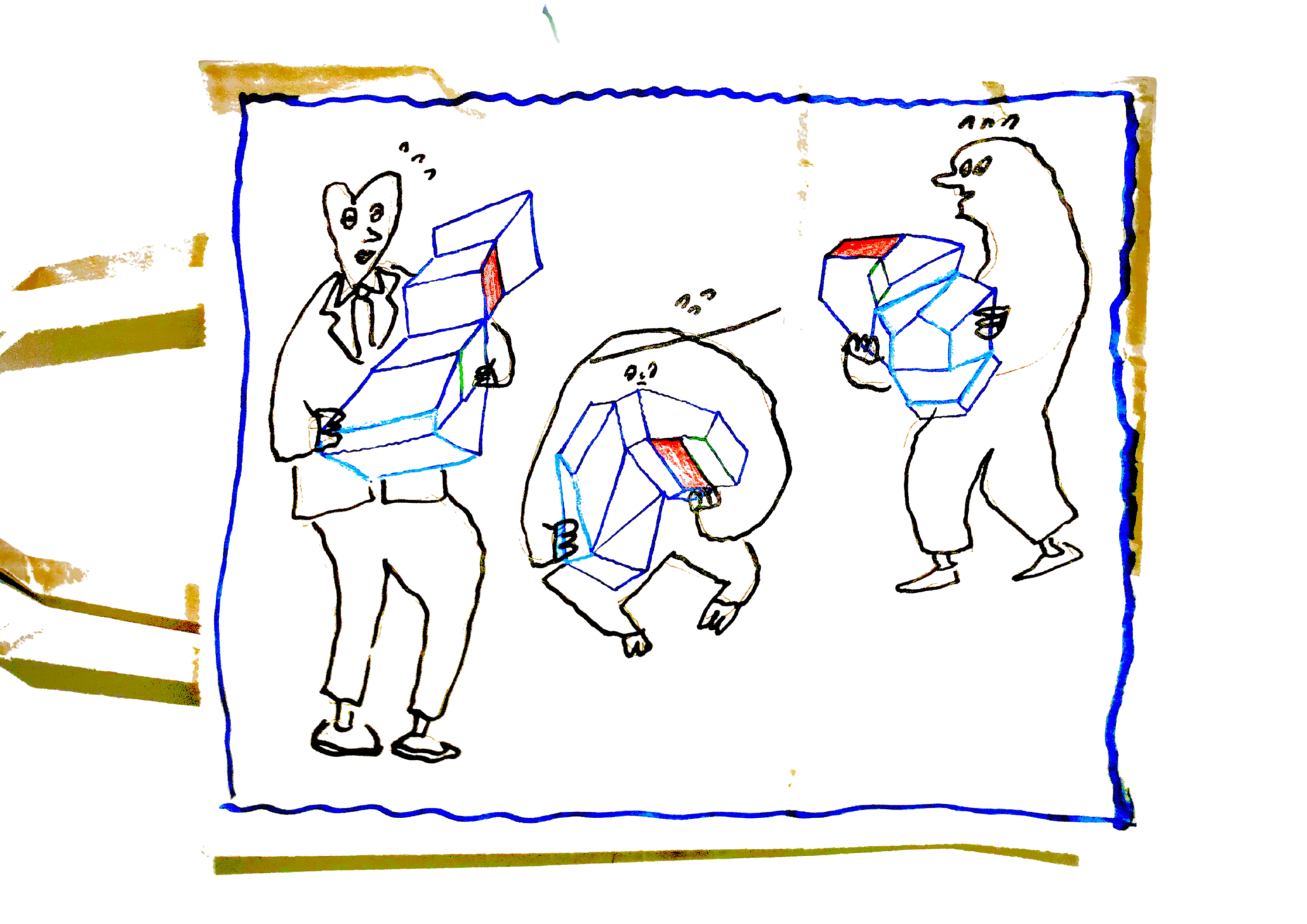 それぞれに凹凸のある、青い線で描かれた大きなかたちを抱える三人。